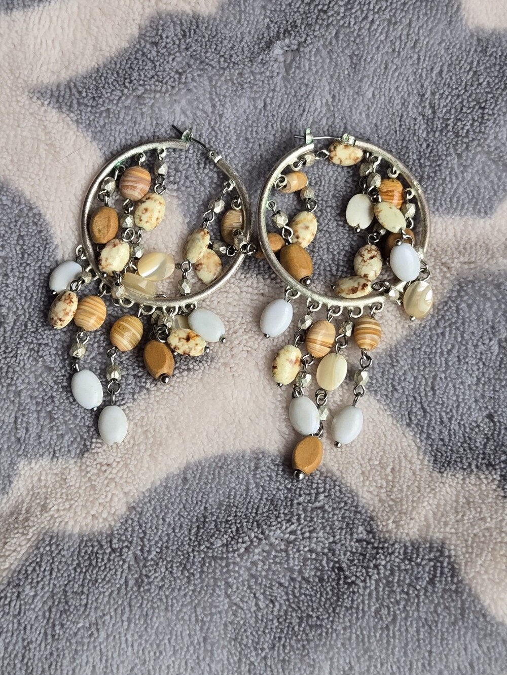 Boho Cascade Hoop Earrings with Beige & White Beads